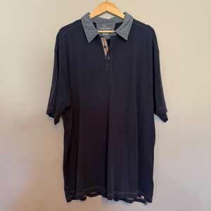 Bob Timberlake Mens 2XL Navy Blue Cotton Polo Shirt Chambray Collar Contrast